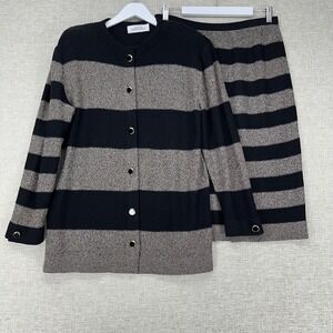 Steve Fabrikant Sweater Skirt Set Womens Large Black Striped Knit 2 Pc